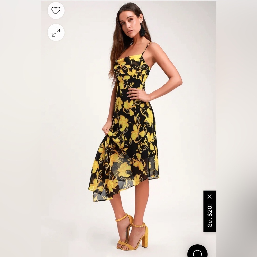 C/MEO On and Off Black and Yellow Floral Print Asymmetrical Midi Dress Sz Large - Picture 3 of 15